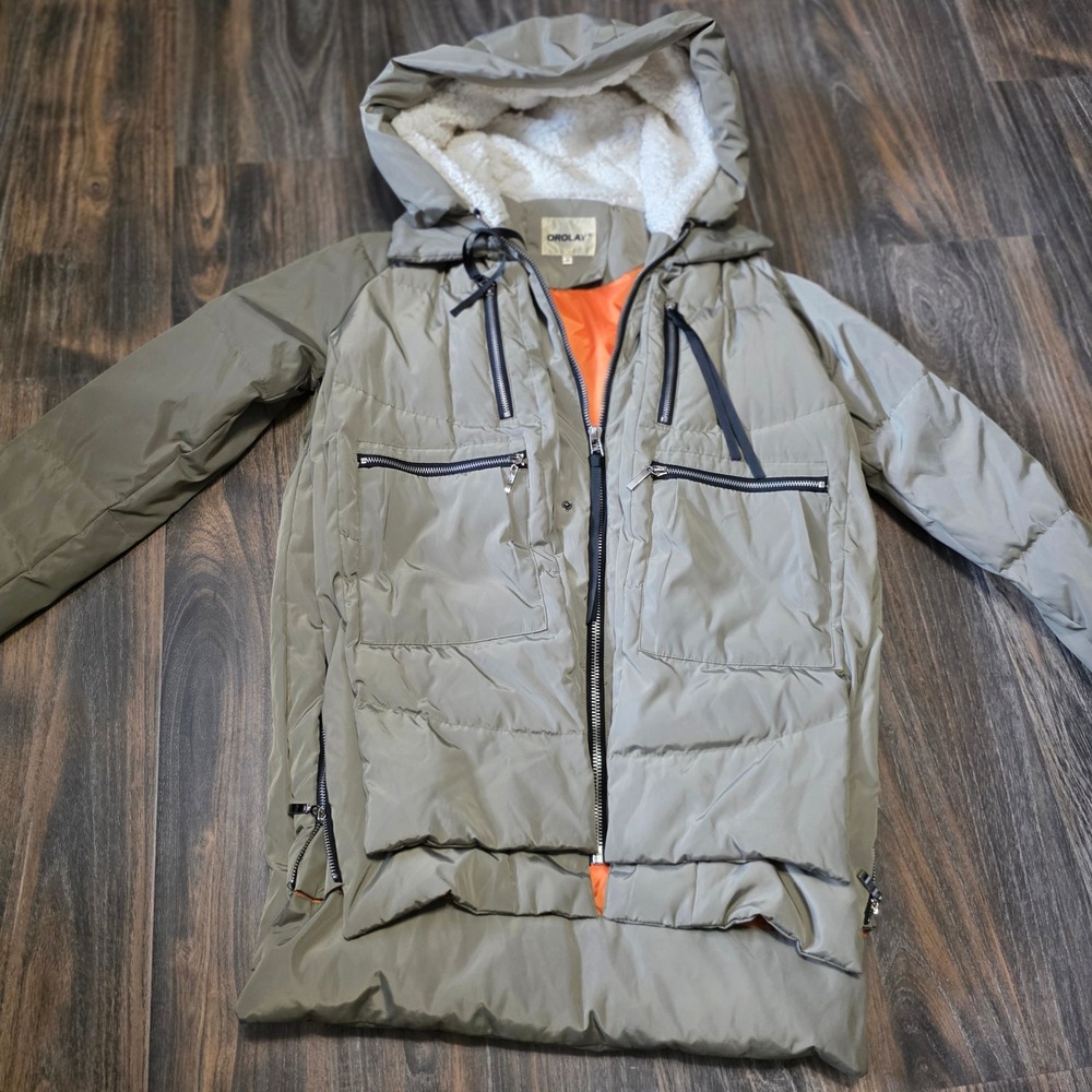 Orolay Women Thickened Down Jacket Olive Green Sherpa Hood Puffer Parka XS